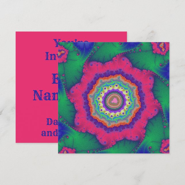 Convites Aniversário Fractal Verde e Rosa (Frente/Verso)