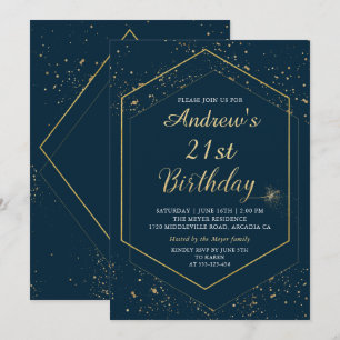 Convites Aniversário Geométrico Dourado Azul do Marinho M