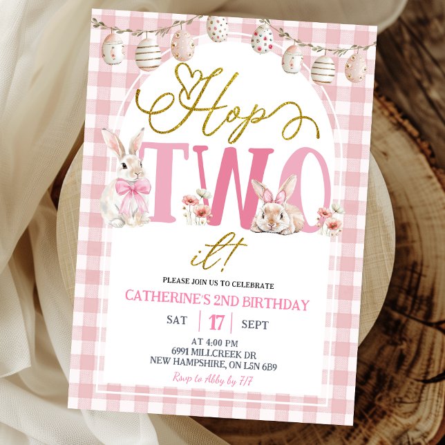 Convites Aniversário Gingham Boho Floral Hop Two It (Criador carregado)