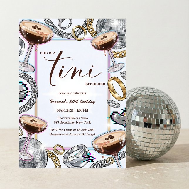 Convites Aniversário Glam Tini Bit Older Espresso Martini (A Tini Bit Older Espresso Martini Disco Glam Neon Party - birthday party invitation)