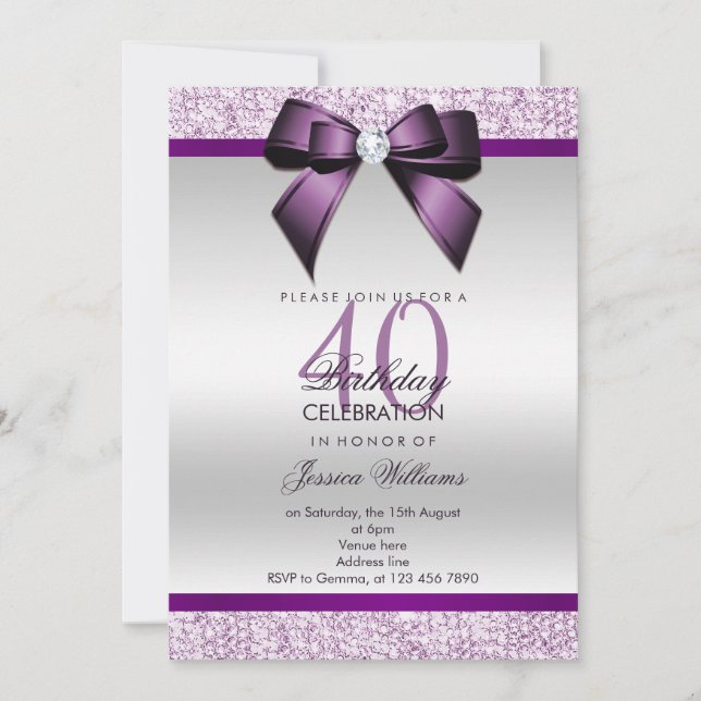 Convites Aniversário Glamouroso com Brilho e Laço (Frente)