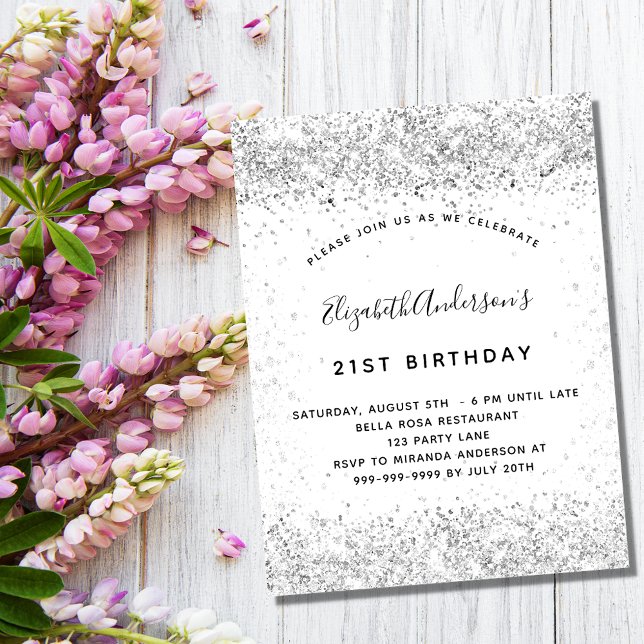 Convites Aniversário glamouroso de prata branca (Criador carregado)