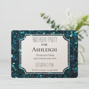 Convites Aniversário Glitter Azul Azul-Teal