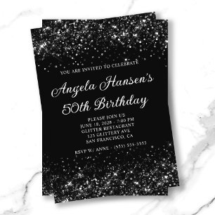 Convites Aniversário Glittery Black 50th