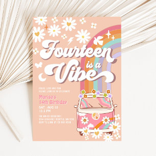 Convites Aniversário Groovy 14ª Vibe Hippie Rosa Daisy