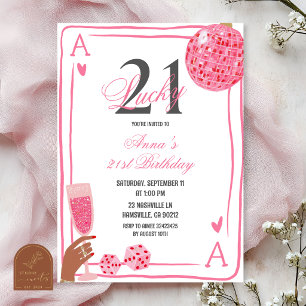 Convites Aniversário Hand Drawn Casino Rosa Lucky 21
