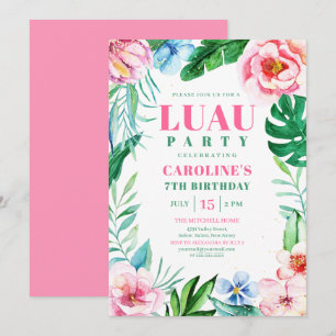 Convites Aniversário havaiano floral cor-de-rosa tropical