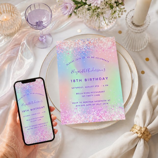 Convites Aniversário holográfico rosa roxo (Criador carregado)