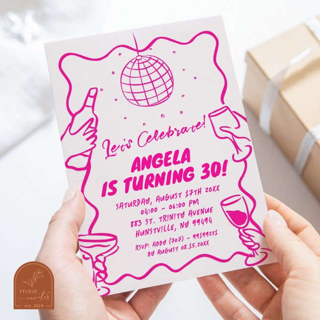 Convites Aniversário Ilustrado Rosa Quente Ondulado Retro M (Criador carregado)