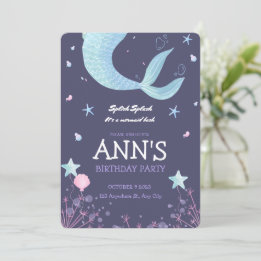 Convites Aniversário Infantil Sereia Aquarela Roxo Rosa