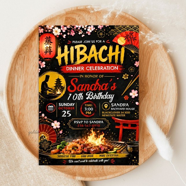Convites Aniversário Japonês Hibachi - Tema Churrasco (Japanese Hibachi Birthday - Grill Theme Invitation
)