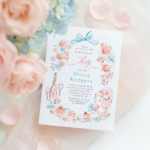 Convites Aniversário Laço Coquette Desenhado à Mão Floral C