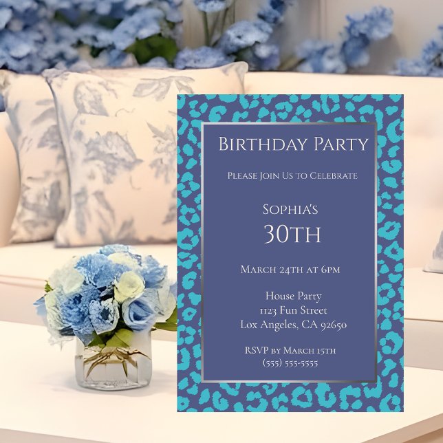 Convites Aniversário-Leopardo-Azul-Azul-Azul (Birthday-Leopard Pattern-Blue-Birthday Invitation )