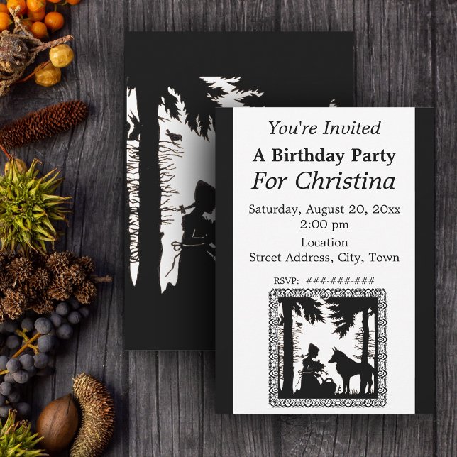 Convites Aniversário Lobo de Capuchos Vermelho Negra (Little Red Riding Hood Wolf in black and white on Birthday party invitations.)