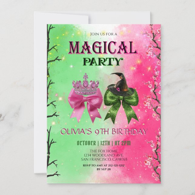 Convites Aniversário Mágico de Bruxa Rosa e Verde (Frente)
