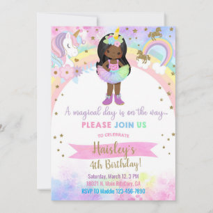 Convites Aniversário mágico de menina afro-americana unicór