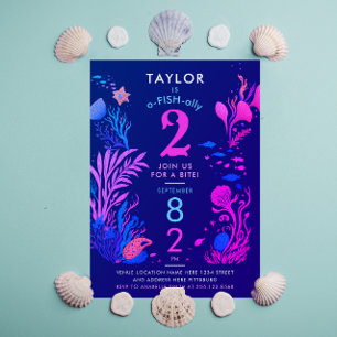 Convites Aniversário Menina Colorido Rosa Azul Oceano Peixe