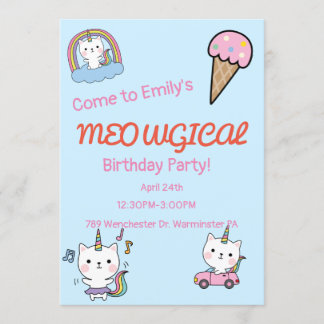 Convites Aniversário meowgical de milho azul