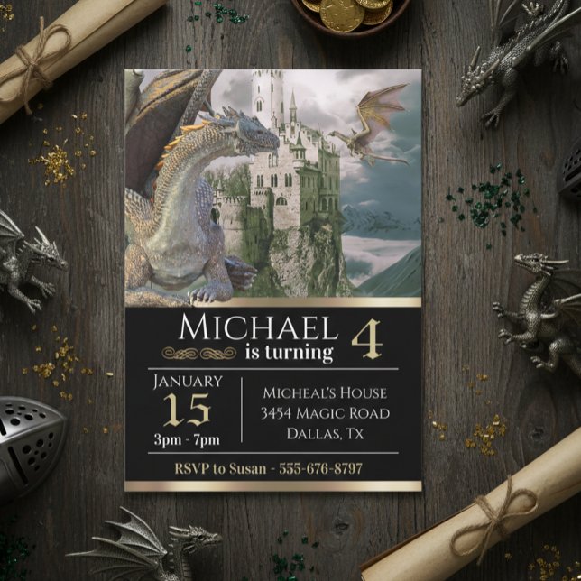 Convites Aniversário Metálico do Castelo Medieval do Dragão (Criador carregado)