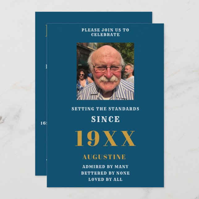 Convites Aniversário Modelo de Foto Nome Elegante Azul Dour (Frente/Verso)