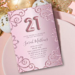 Convites Aniversário Moderno de 21 anos com Brilho Rosa
