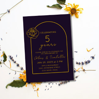 Convites Aniversário moderno de Casamento de 5 roxo e Doura