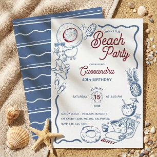 Convites Aniversário Moderno de Praia Azul e Vermelho de Ve
