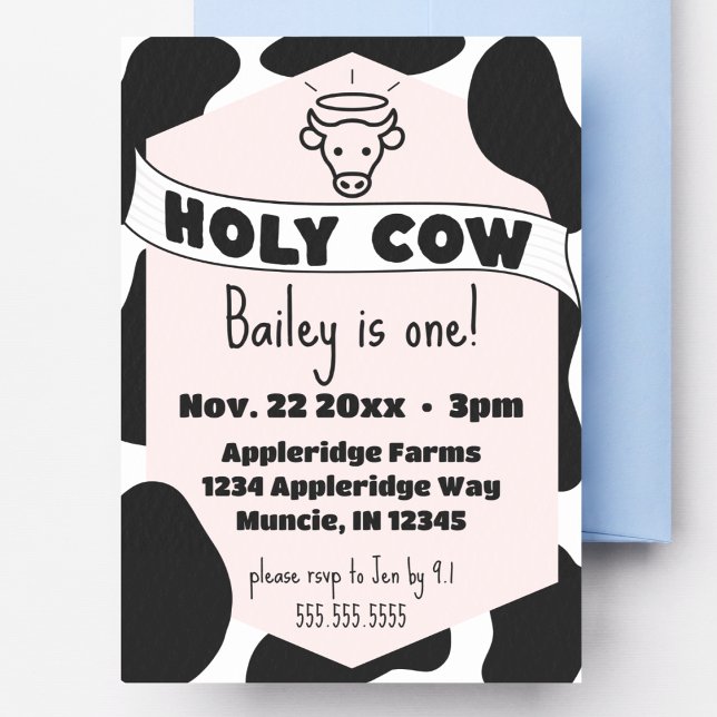 Convites Aniversário moderno do Impressão de Vaca da Santa  (holy cow birthday invitation cute modern custom details pink cow print trendy bday invite)