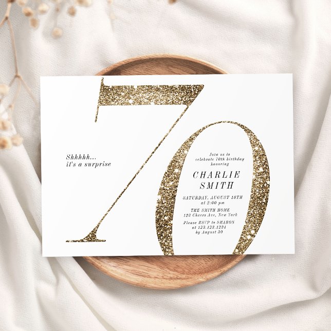Convites Aniversário moderno minimalista de ouro brilhante  (Modern minimalist faux gold glitter 70th birthday invitation)