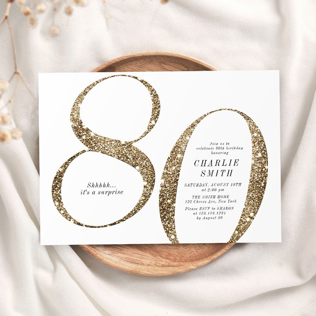 Convites Aniversário moderno minimalista de ouro brilhante  (Modern minimalist faux gold glitter 80th birthday invitation)