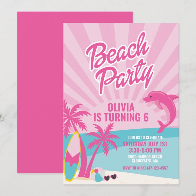 Convites Aniversário na praia Pink Malibu (Frente/Verso)