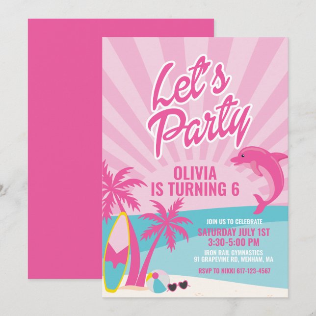 Convites Aniversário na praia Pink Malibu (Frente/Verso)