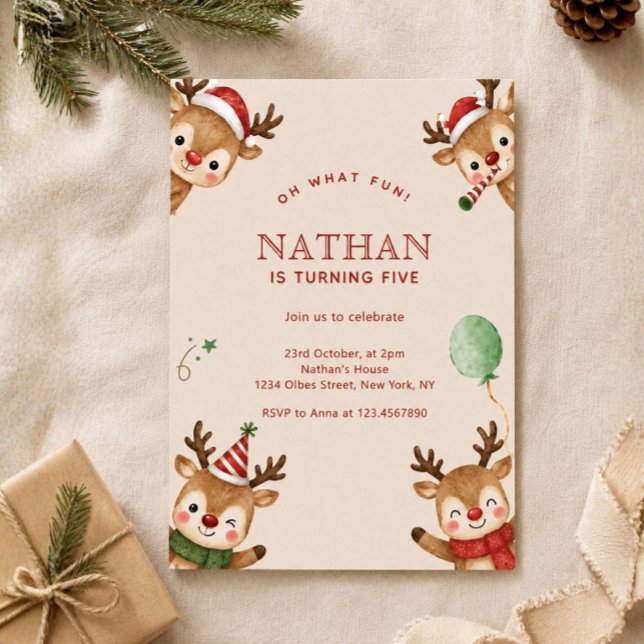 Convites Aniversário Natalino Floresta de Inverno dos Renas (reindeer invitation, holiday birthday, winter wonderland, christmas kids party, festive birthday, d)
