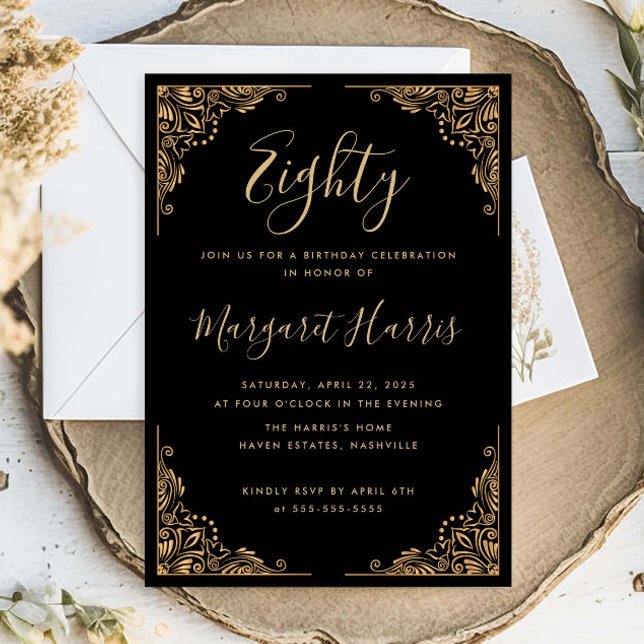 Convites Aniversário negro do Quadro 80 Oitavo e Dourado (Criador carregado)