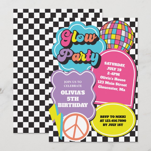 Convites Aniversário Neon 90s Retro Glow (Frente/Verso)
