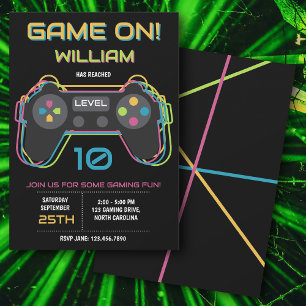 Convites Aniversário Neon de Jogo de Vídeo de Adolescente
