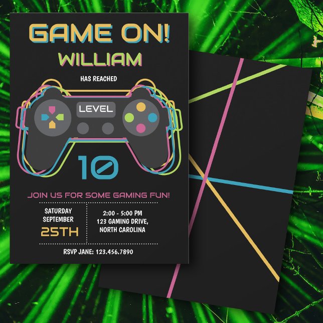 Convites Aniversário Neon de Jogo de Vídeo de Adolescente (Teen Gaming Gamer Video Game Player Neon Birthday Invitation)
