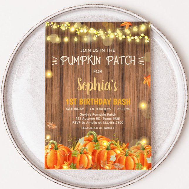 Convites Aniversário no Pomar de Abóbora Outono Rústico (Autumn Rustic Pumpkin Patch String Lights Birthday Invitation)