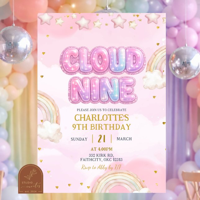Convites Aniversário Nove da Nuvem Pastel Rosa (Criador carregado)