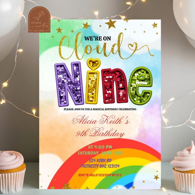 Convites Aniversário Nove Nuvem Arco-Íris Colorido (Criador carregado)