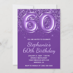 Convites Aniversário Número 60 Roxo Real Brilhante e Espelh