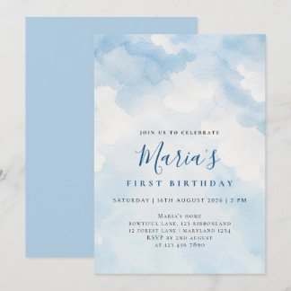Convites Aniversário Nuvem Azul Suave Aquarela Personalizad