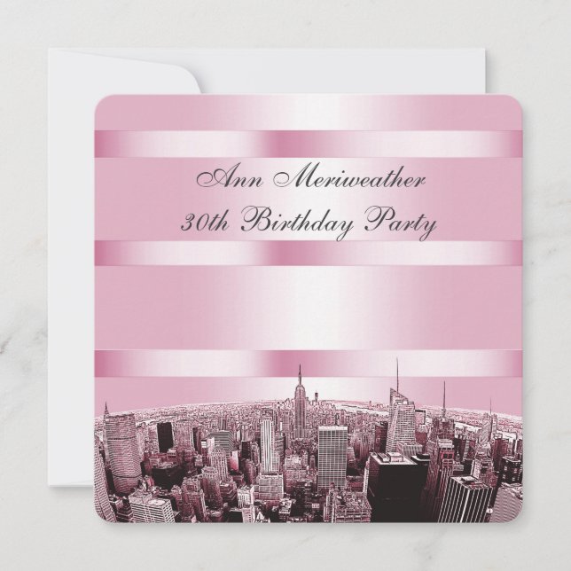 Convites Aniversário NYC Etched Skyline 2 Rosa Preto (Frente)