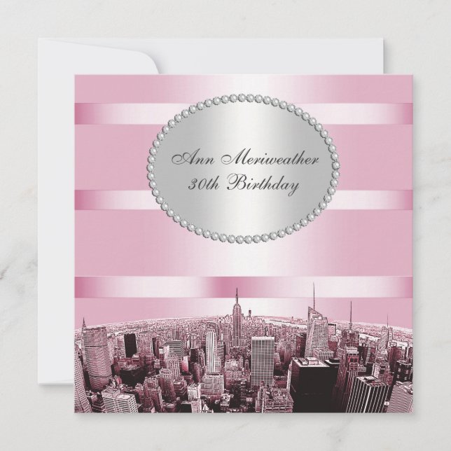 Convites Aniversário NYC Etched Skyline 2A Rosa Preto (Frente)