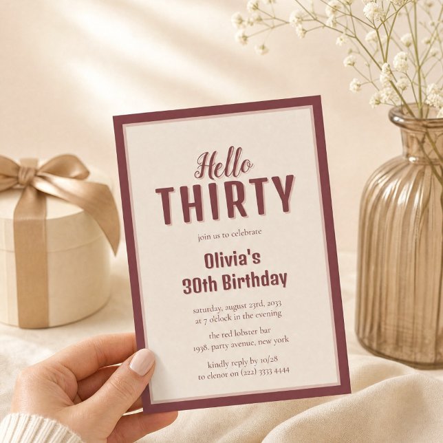 Convites Aniversário Olá Trinta Burgundy Script (Criador carregado)