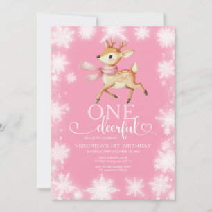 Convites Aniversário Onedeerful de Inverno Rosa com Flocos
