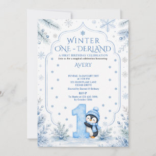Convites Aniversário ONEderland de Inverno Azul Pingüim Flo