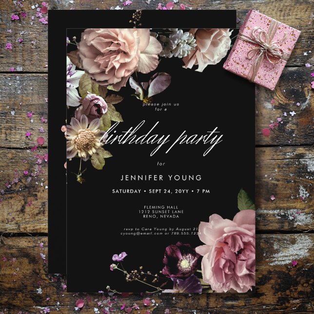 Convites Aniversário Opulente Preto Floral Opulente de Past (Dark Moody Pastel Opulent Floral Black Birthday Invitation)