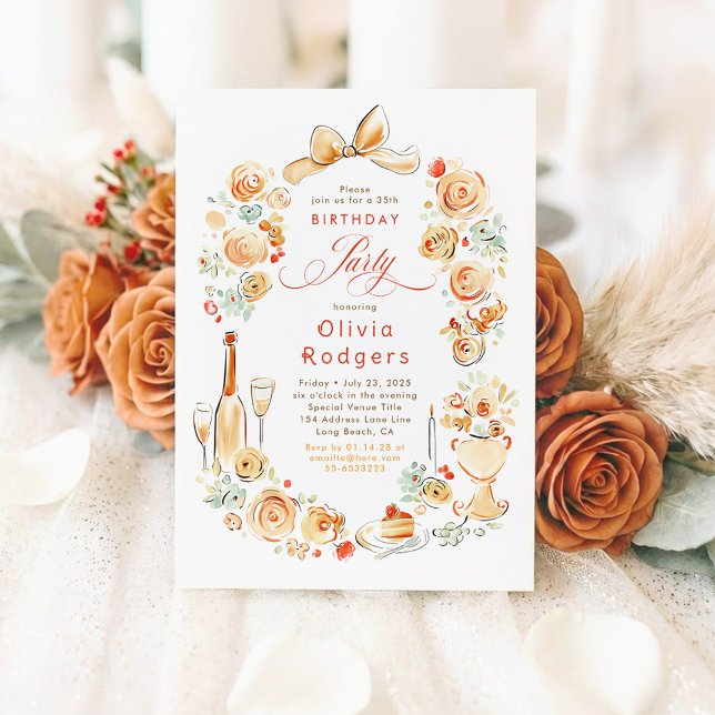 Convites Aniversário Outonal Caprichoso com Flores Desenhad (Terracotta Whimsical Hand-illustrated Fall Birthday Invitations)