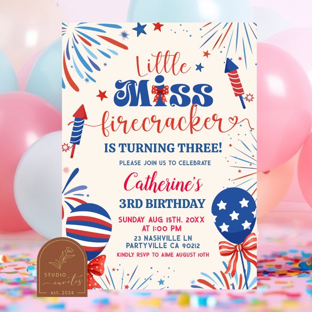 Convites Aniversário Patriótico Little Miss Firecracker (Criador carregado)